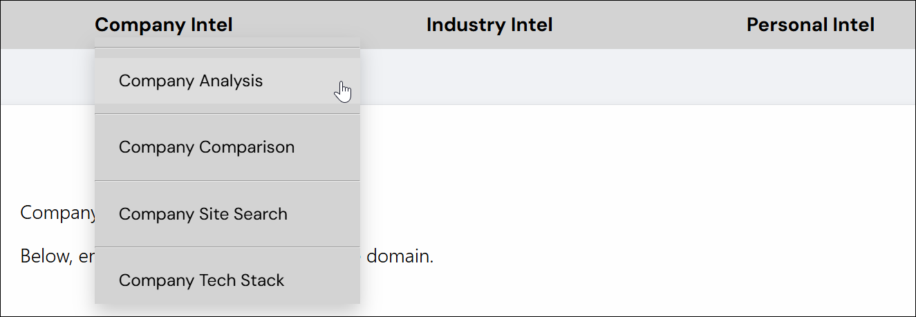 Meeting prep tabs for company, industry, and personal analysis