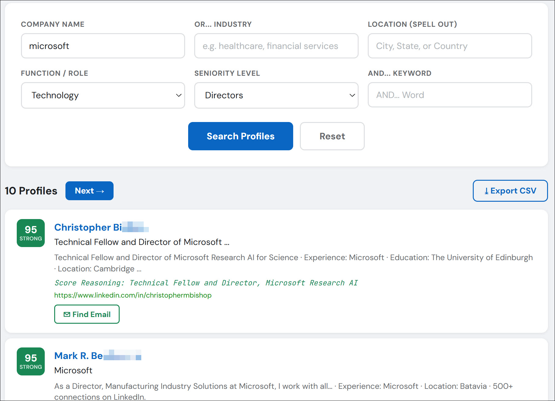 Decision-maker search results showing AI-scored profiles
